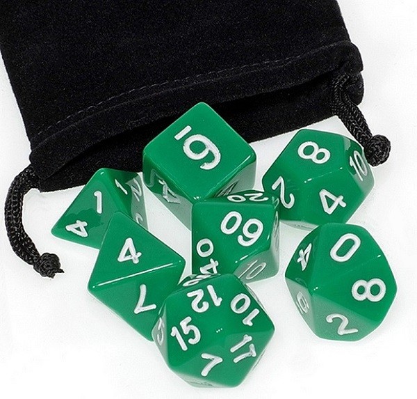 Набор 7 кубиков для ролевых игр (зелёные) + мешочек