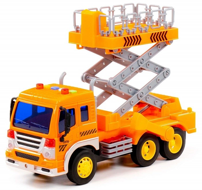"Сити", автомобиль с подъёмником оранжевый (инерционный, свет+звук)